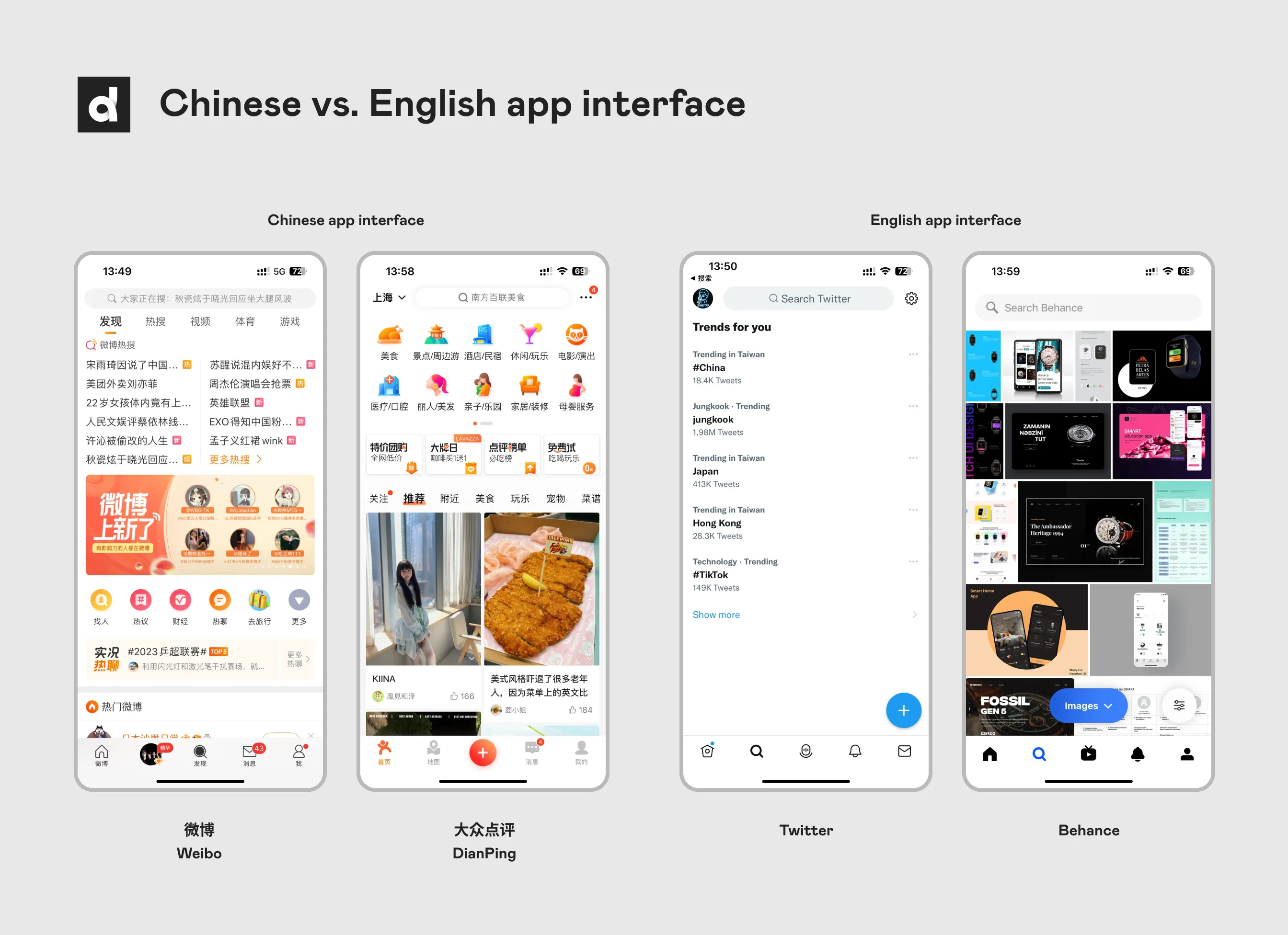 Chinese vs. English app interface showing UX differences