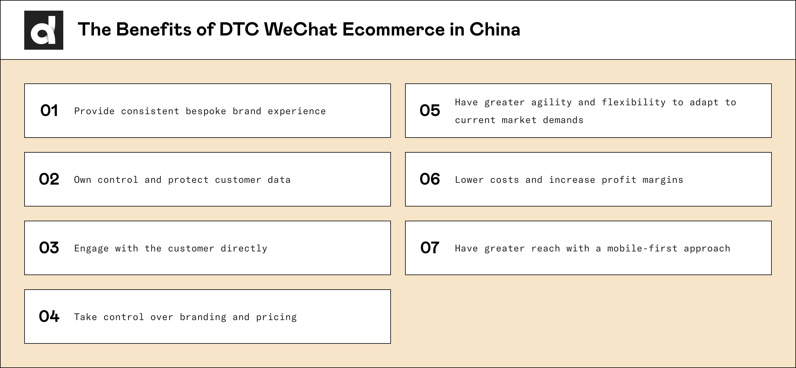 Infographic listing the benefits of direct to consumer ecommerce in China; the benefits of DTC WeChat ecommerce in China