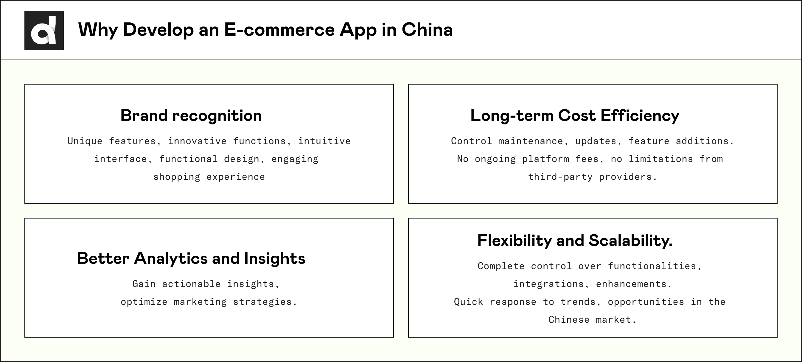 infographic listing reasons for why one might need to develop an ecommerce app in China; summary of why develop a custom app for Chinese market